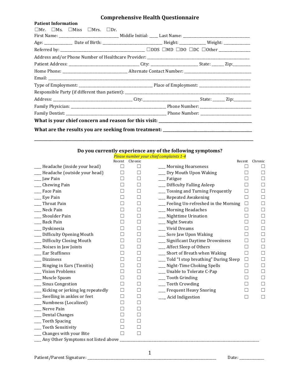 First page of the New Patient Form, a comprehensive health questionnaire
